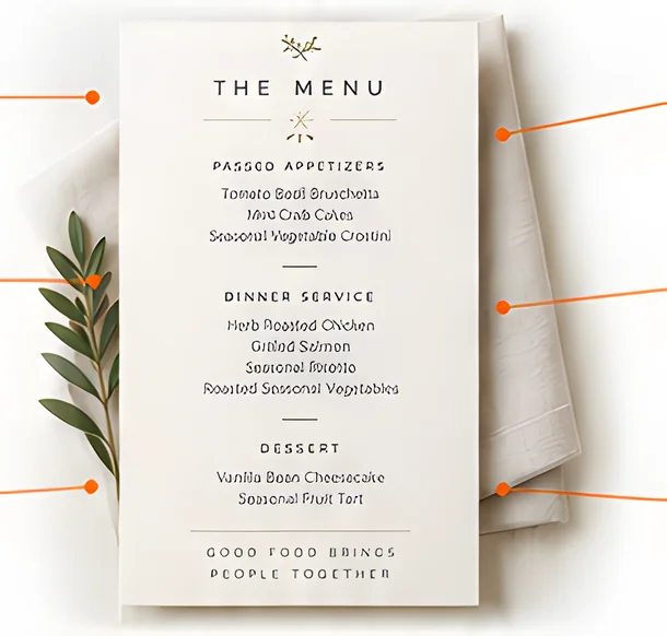A printed menu card on folded linen with an olive sprig: passed appetizers, dinner service and dessert, under the words Good food brings people together