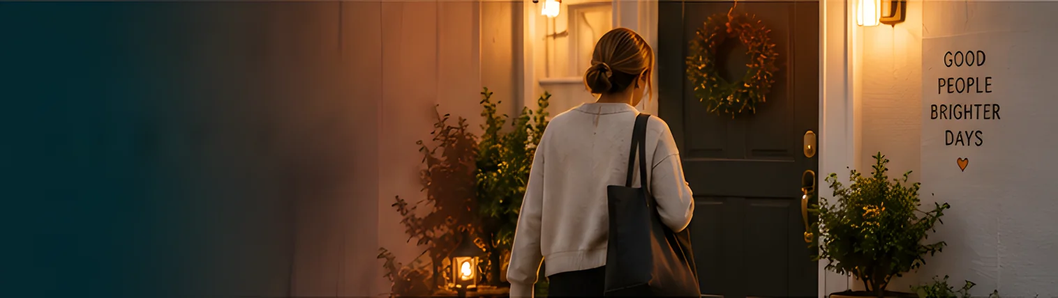 A caregiver walking up to a lit front door in the evening, past a wall print that reads Good people brighter days