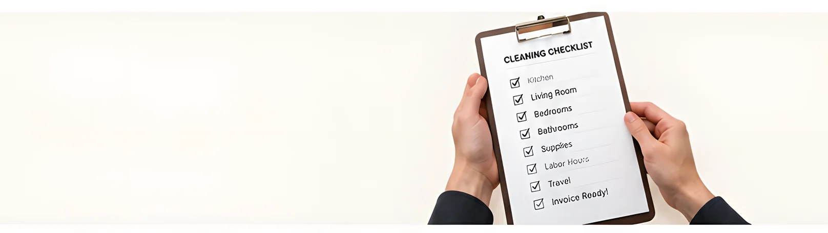 Hands holding a clipboard with a cleaning checklist: kitchen, living room, bedrooms, bathrooms, supplies, labor hours, travel, invoice ready