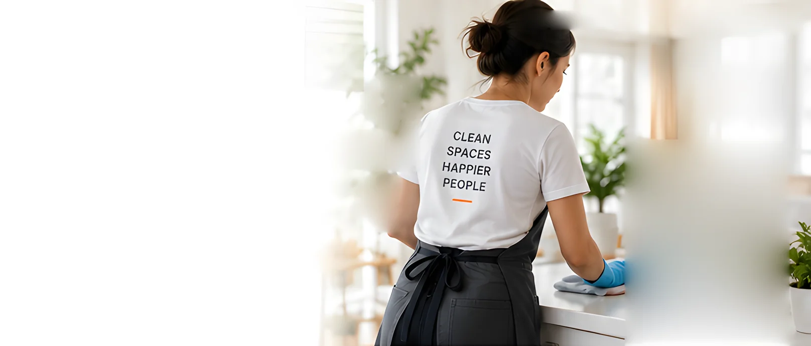 A cleaner in an apron wiping a bright kitchen counter; the shirt reads: clean spaces, happier people