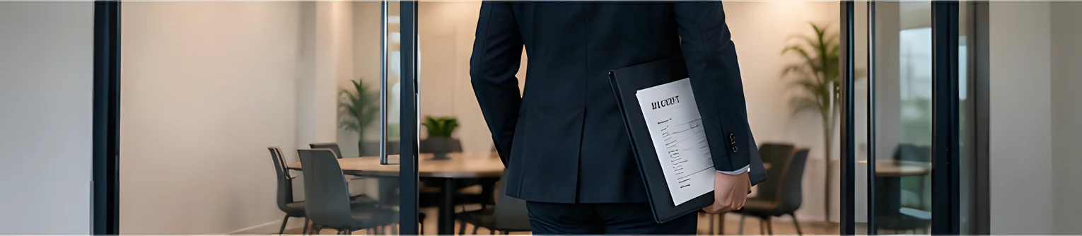 A consultant, seen from behind, walks into a glass meeting room carrying a portfolio with a receipt