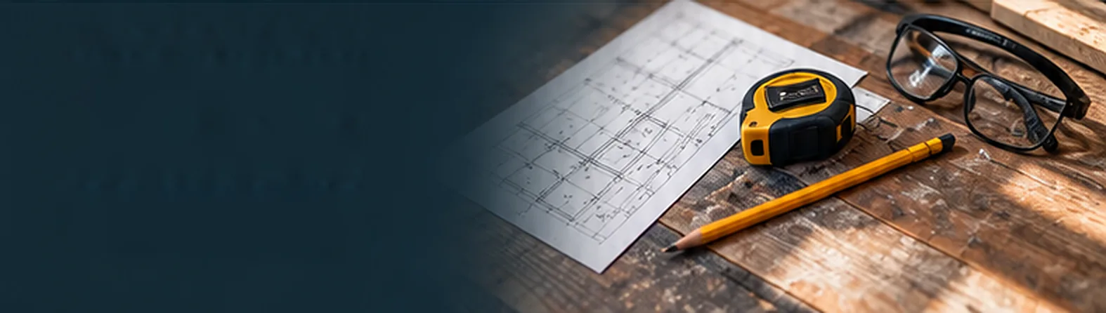 Building plans, a tape measure, a pencil and safety glasses on a workbench