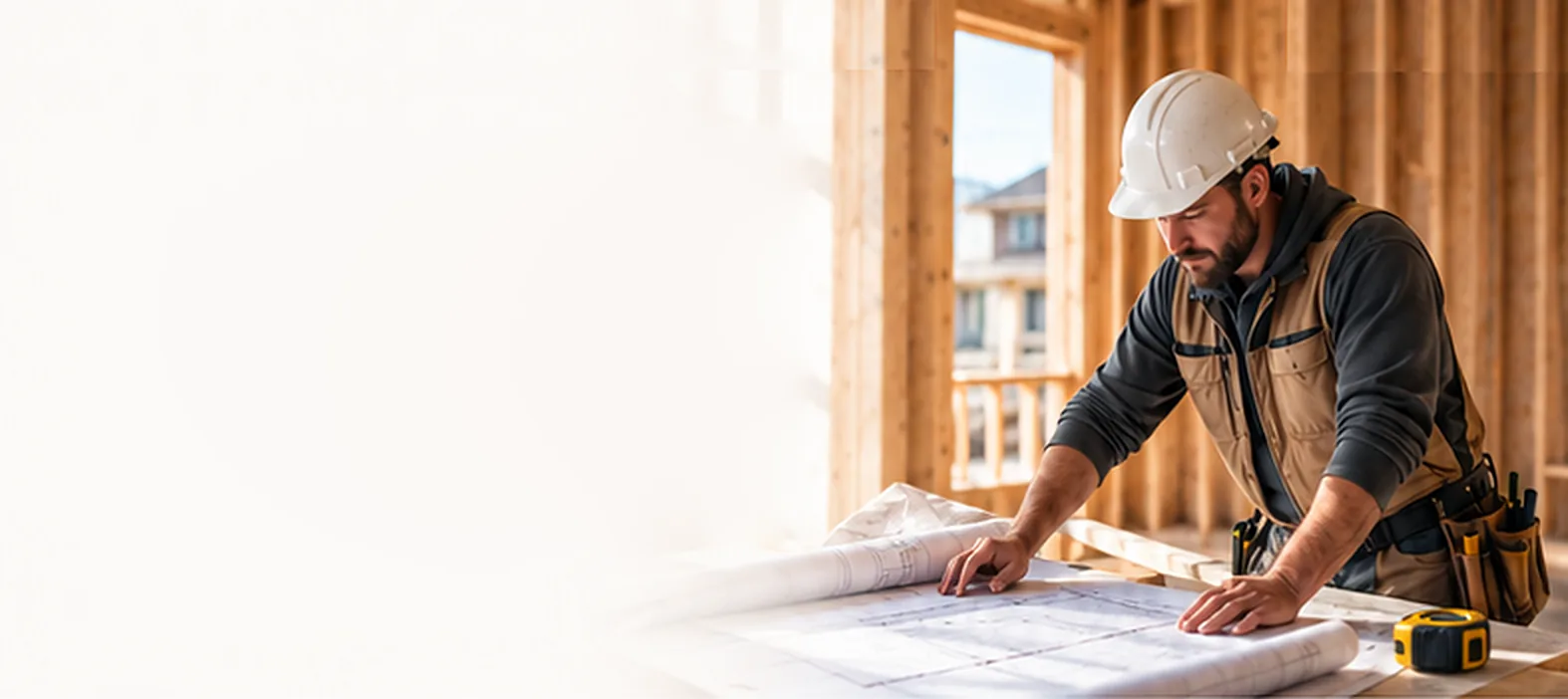 A general contractor in a white hard hat leaning over building plans in a timber-framed house