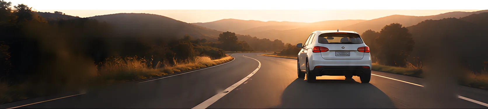 A white SUV driving away on a winding country road at sunset