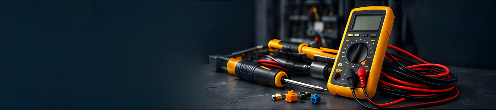 A yellow multimeter with red and black test leads, screwdrivers and wire connectors on a dark workbench