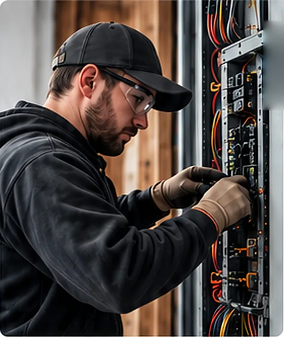 An electrician in a black cap, safety glasses and work gloves wiring breakers in an open electrical panel