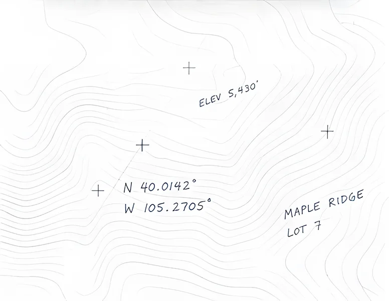 A contour map of the site, marked with the lot name, an elevation and survey coordinates