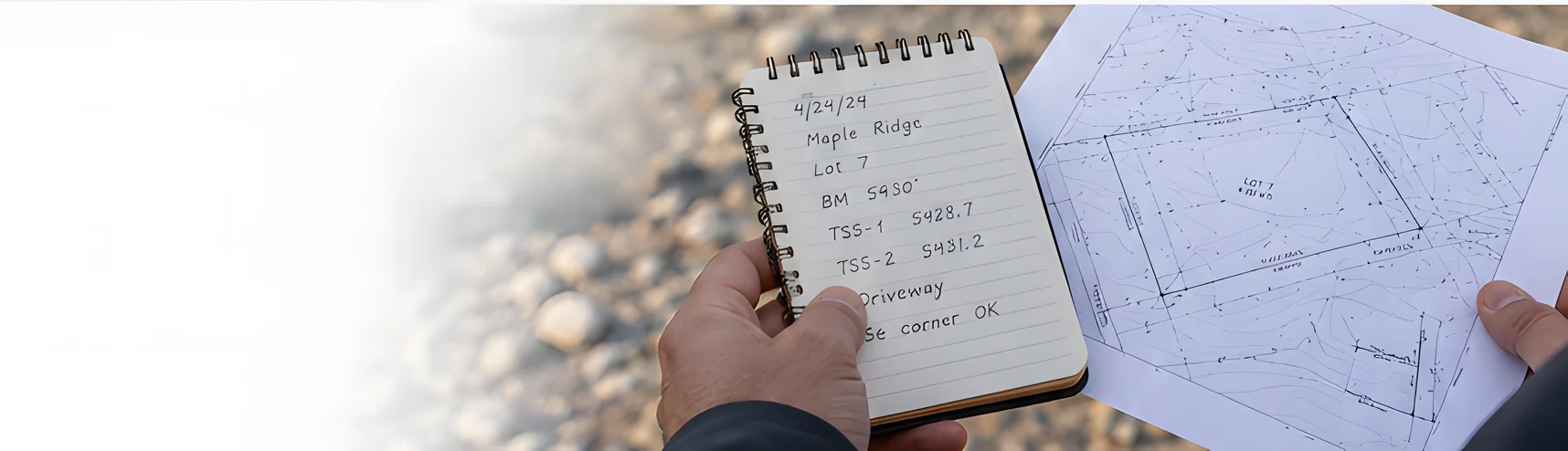 A surveyor holding a field book of measurements beside a printed plat