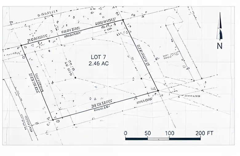 A boundary plat of Lot 7 with bearings, distances, a north arrow and a scale bar