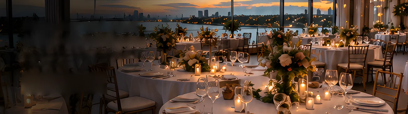Round tables set with candles, glassware and floral centerpieces in a waterfront venue at dusk