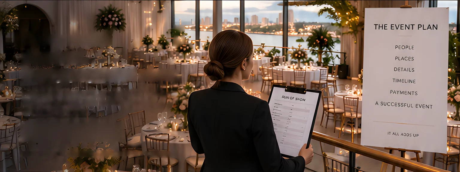 An event planner, seen from behind, reads a run-of-show on a clipboard in a waterfront venue set for a reception, beside an easel sign that reads The event plan
