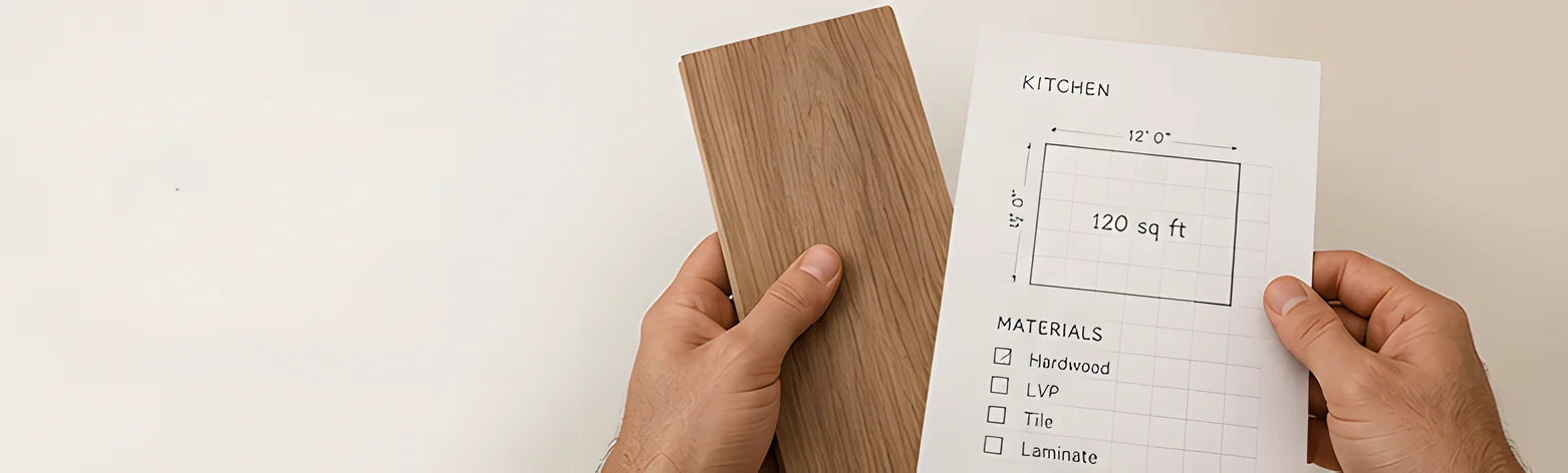 Two hands hold a wood plank sample and a room measurement sheet