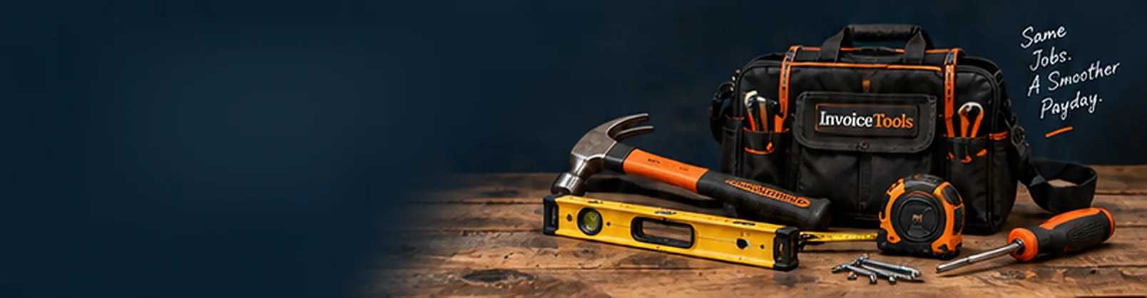 A tool bag, hammer, level, tape measure and screwdriver on a workbench, with the handwritten words Same jobs. A smoother payday.