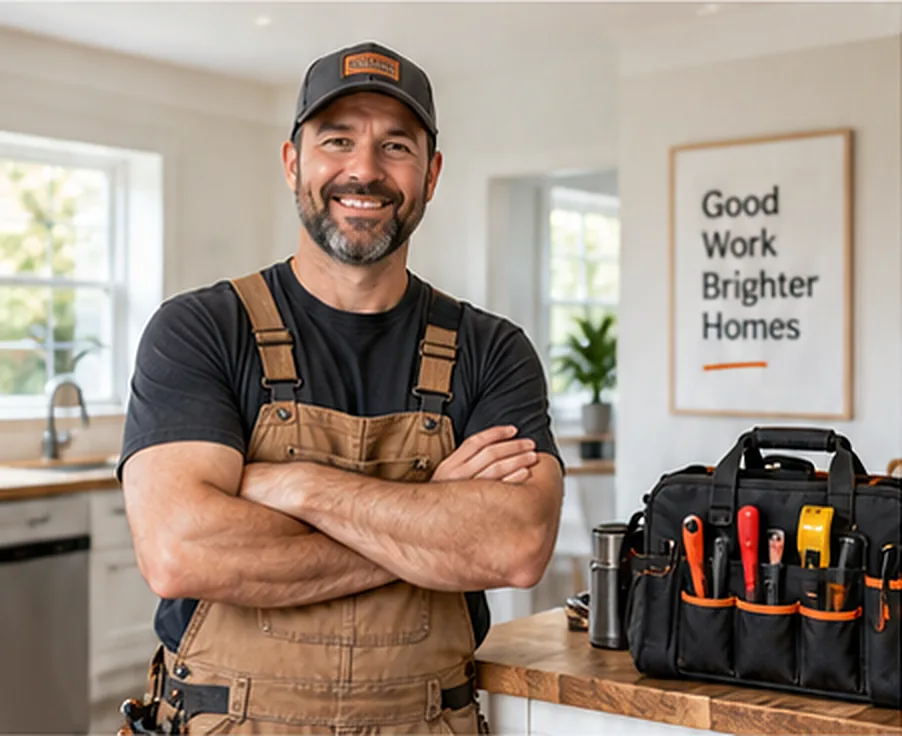 A smiling handyman in overalls with his arms crossed in a kitchen, a tool bag on the counter and a Good Work Brighter Homes print on the wall