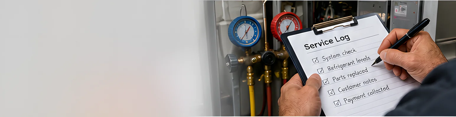 A technician ticks off a service log on a clipboard beside refrigerant gauges