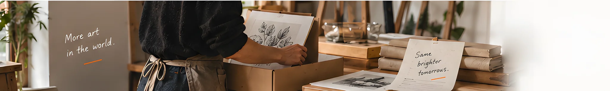 An artist packs printed illustrations into a box at a studio bench, with a handwritten note reading More art in the world