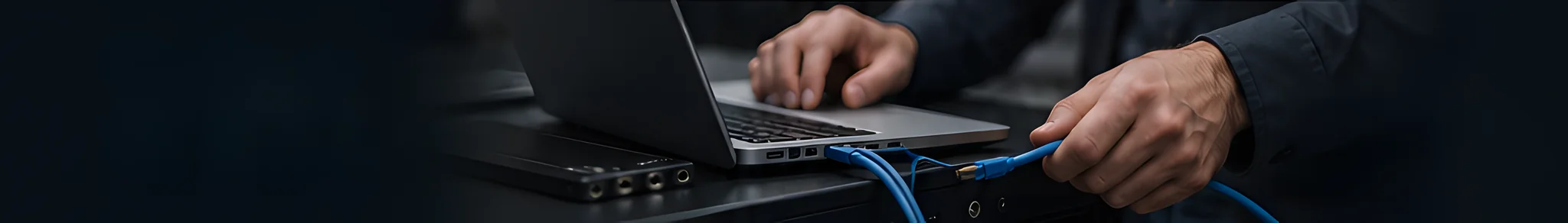 Hands plugging a network cable into a laptop dock