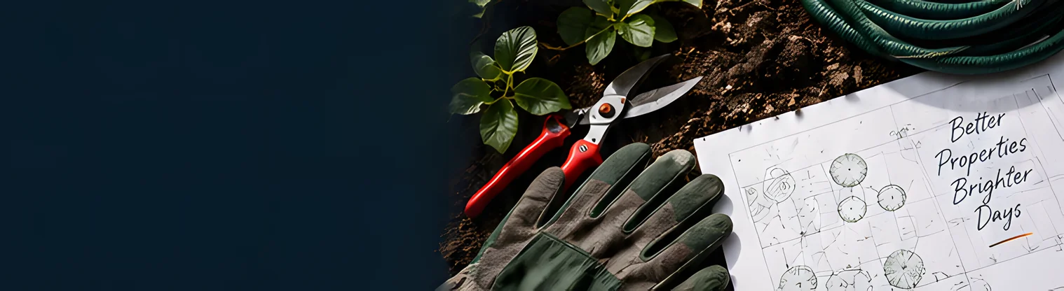Pruners, gloves, a hose and a planting plan on soil, with the handwritten words Better properties brighter days