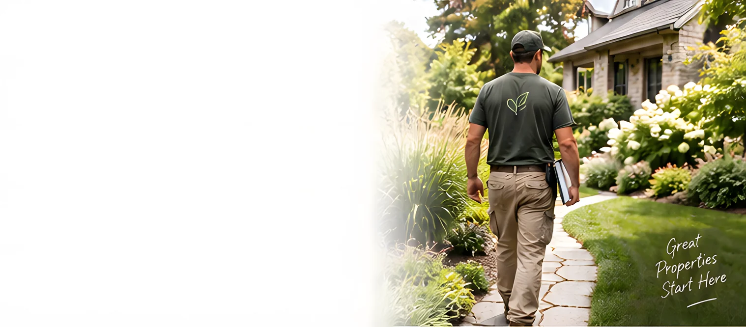A landscaper walking a stone path through a planted front garden, with the handwritten words Great properties start here