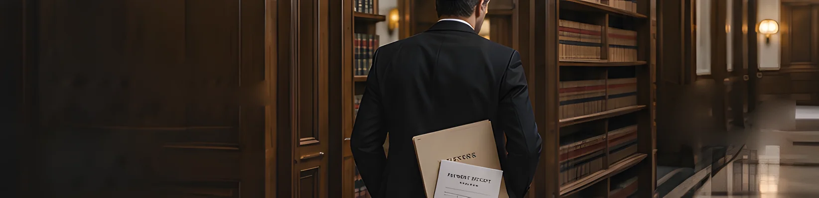 An attorney walks down a law library corridor carrying a matter folder with a payment receipt