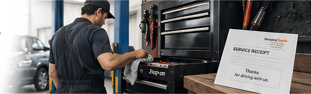A mechanic seen from behind at a tool chest beside a service receipt standing on the bench