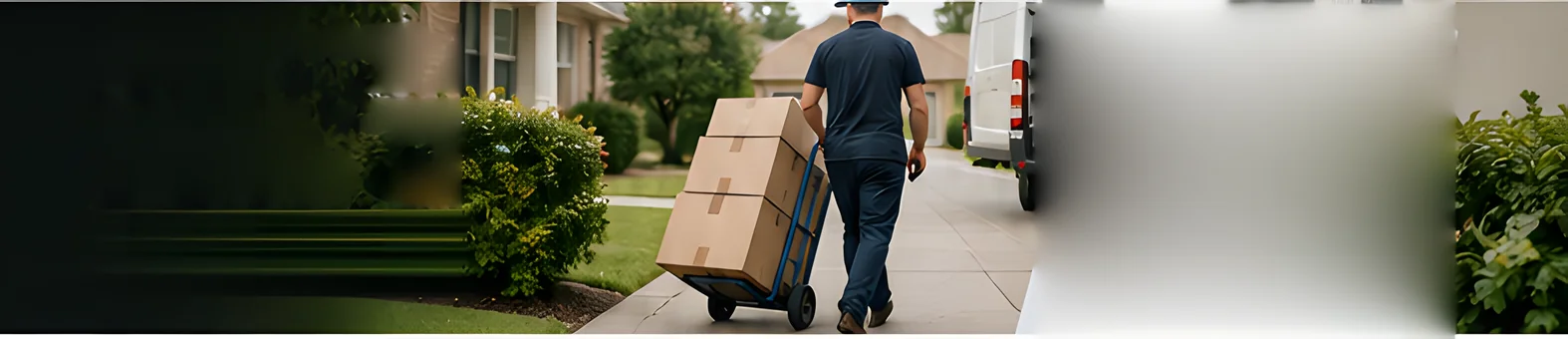 A mover walks a stack of boxes on a hand truck up a driveway to the van