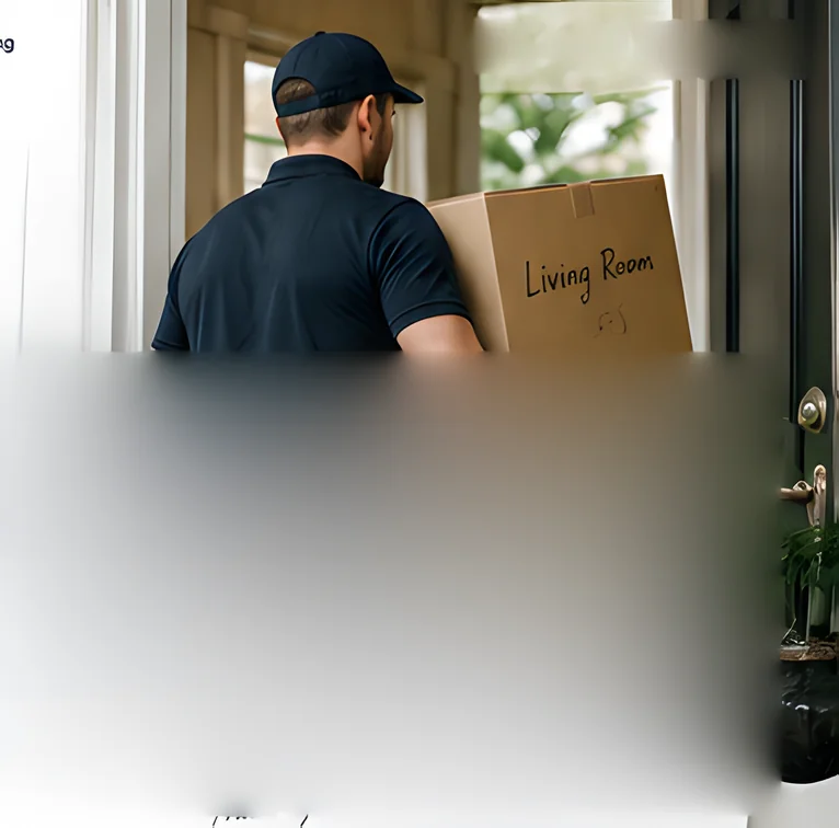A mover in a cap carries a box marked Living Room to a house door