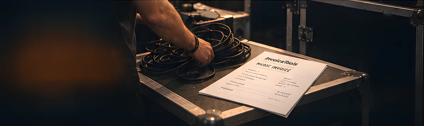 A musician's arm coils black cables on a flight case beside a printed music invoice after a show