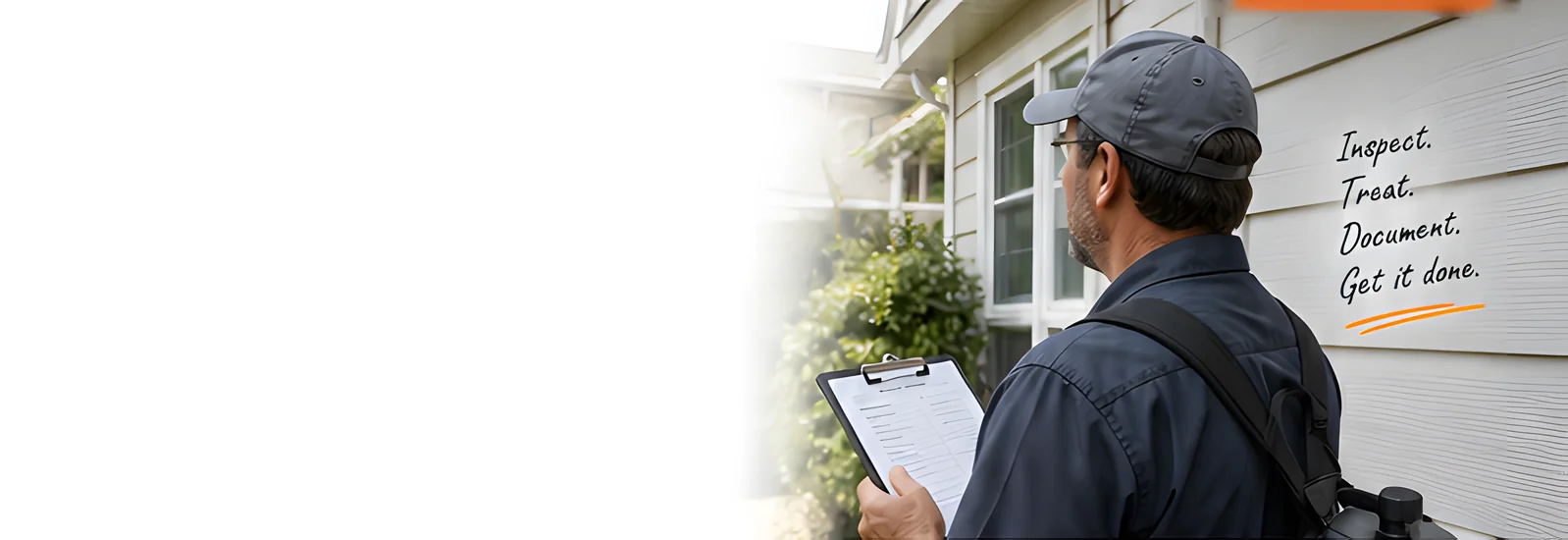 A pest control technician with a clipboard and sprayer inspecting the side of a house; handwriting on the wall reads: inspect, treat, document, get it done