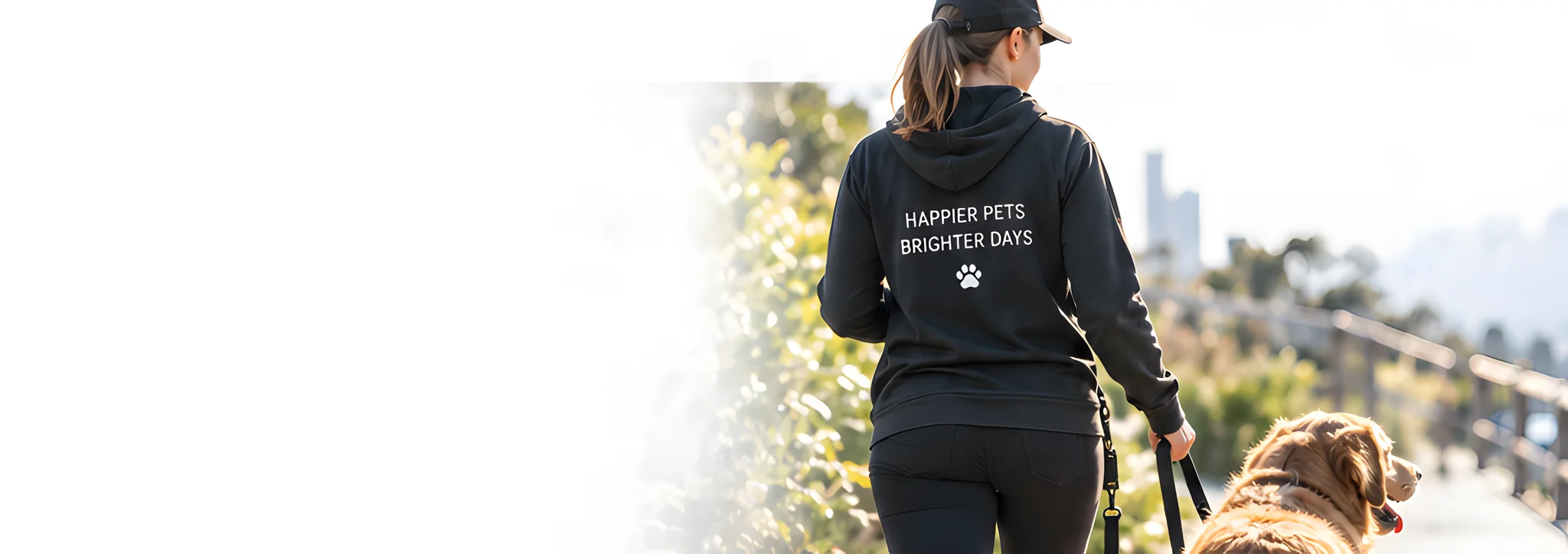 A dog walker in a black hoodie walks a golden retriever on a leash along a sunny hillside path