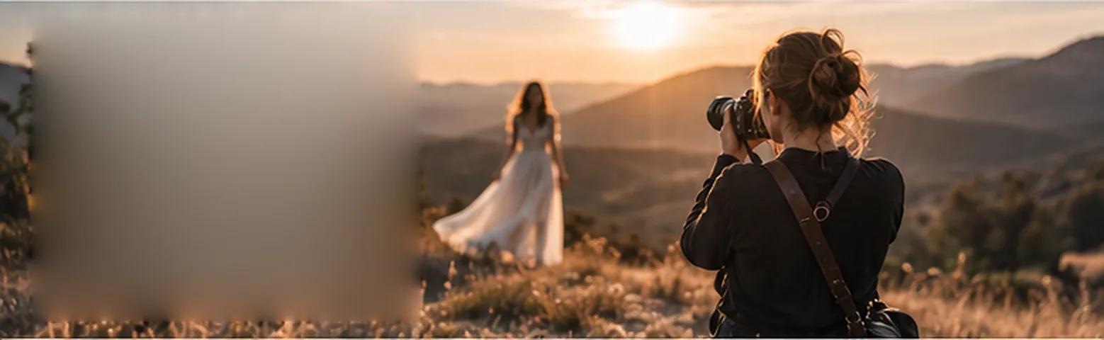 A photographer seen from behind photographing a bride on a hillside at sunset