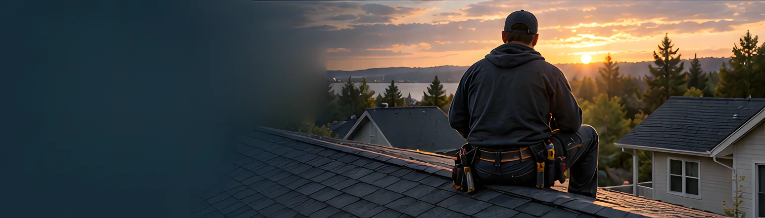 A roofer sitting on a ridge at sunset above a neighborhood of houses