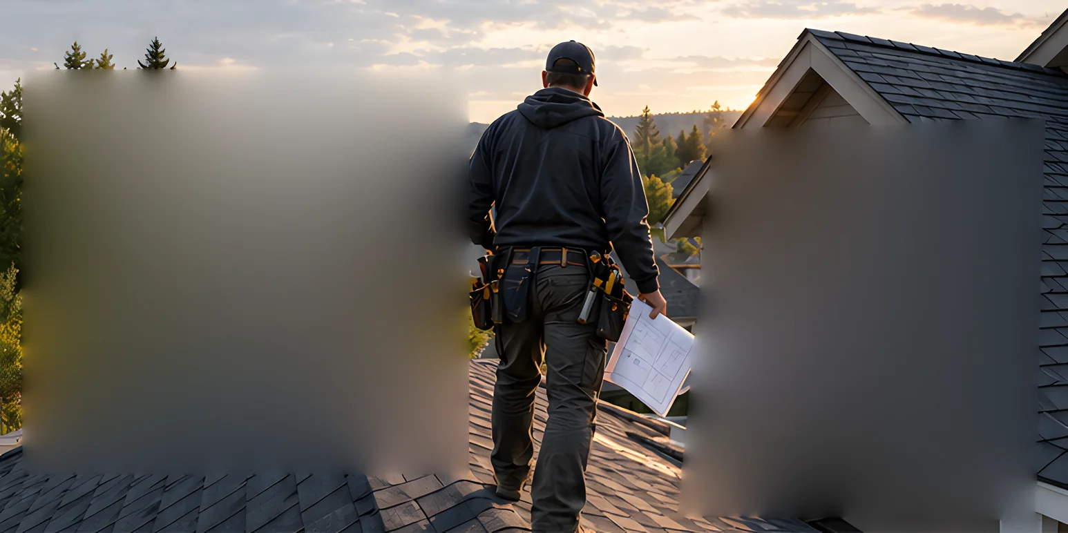 A roofer seen from behind walking a shingle roof at sunset with plans in one hand