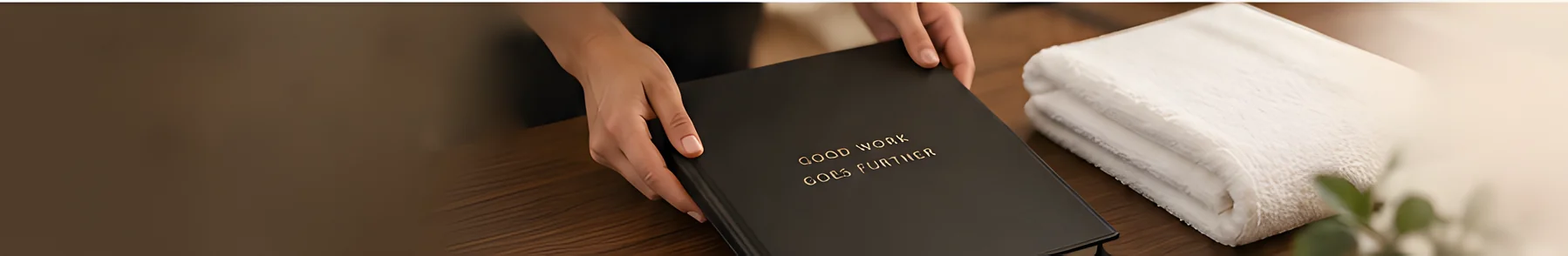 Hands setting a dark folder embossed Good work goes further on a wooden table beside folded white towels