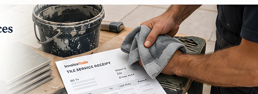 A tiler wipes a finished tiled floor beside a service receipt