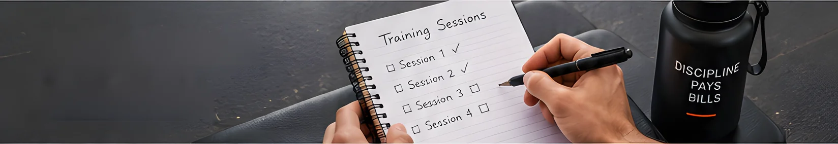 Hands ticking off a list of training sessions in a notebook beside a water bottle