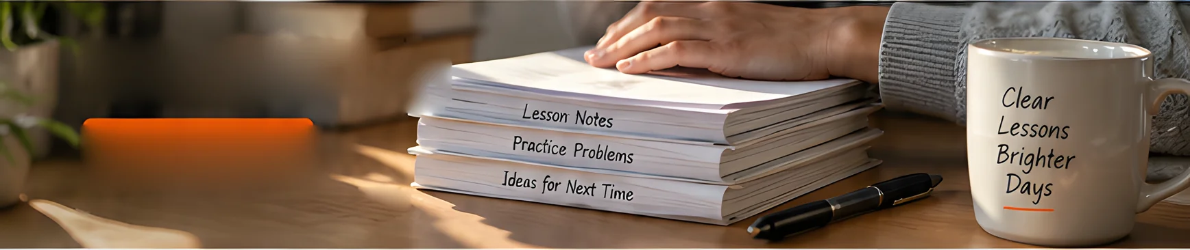 A hand resting on a stack of marked notebooks beside a mug on a wooden table