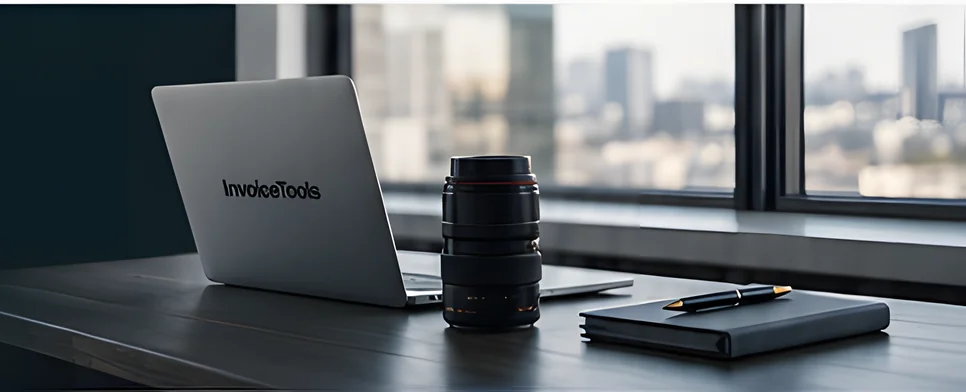 A laptop, a camera lens and a notebook on a dark desk by a window over the city