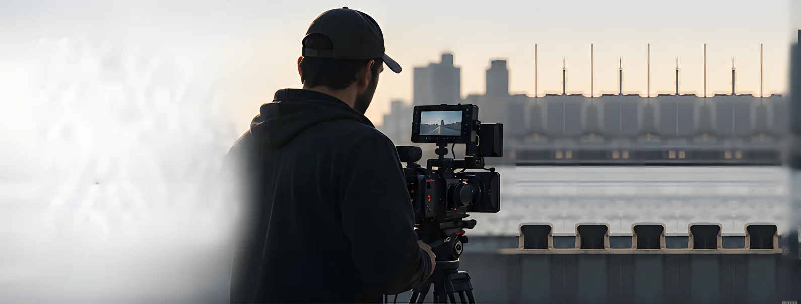 A camera operator in a cap and hoodie films the city skyline across the water from a tripod