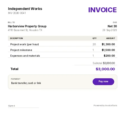 Blush Wash invoice template, filled in as an example