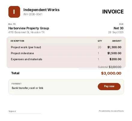 Bubbleline invoice template, filled in as an example