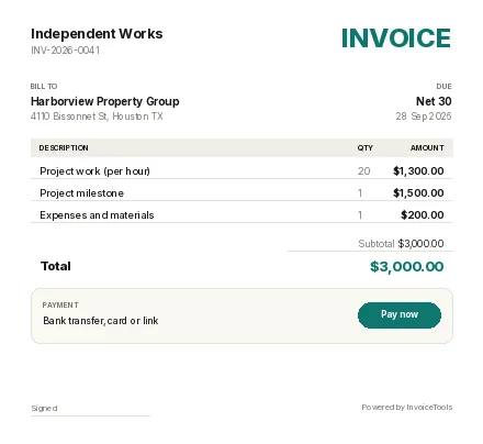 Facet invoice template, filled in as an example