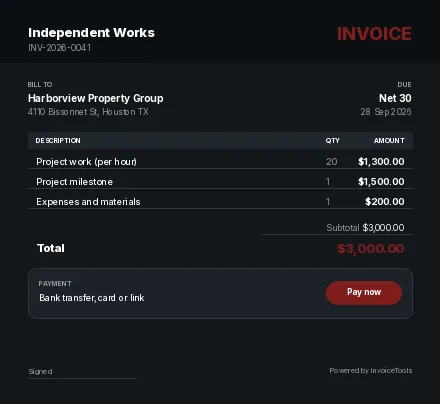 Glasswork invoice template, filled in as an example