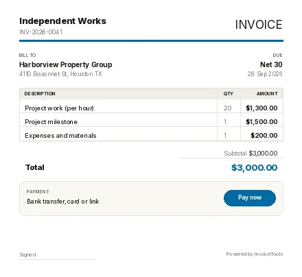 Gradient Vertex invoice template, filled in as an example