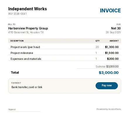 Honeycomb invoice template, filled in as an example