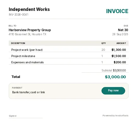 Keyframes invoice template, filled in as an example