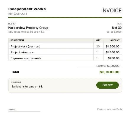 Load Dock invoice template, filled in as an example