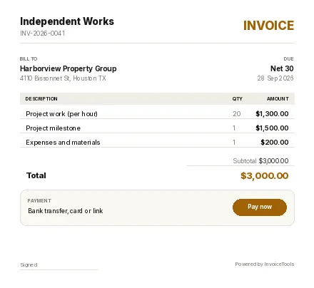 Meadow invoice template, filled in as an example