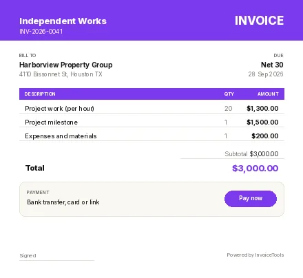 Mesh Hero invoice template, filled in as an example
