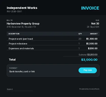 Midnight Grid invoice template, filled in as an example